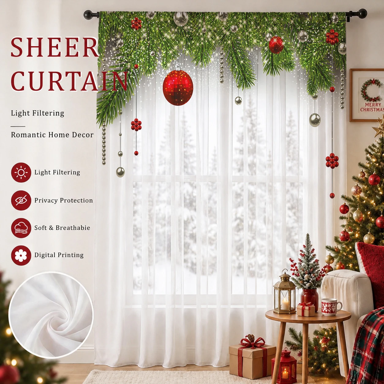 Home Office With Plants - Kerstgradiënt transparant gordijn, goede kwaliteit lichtreducerende