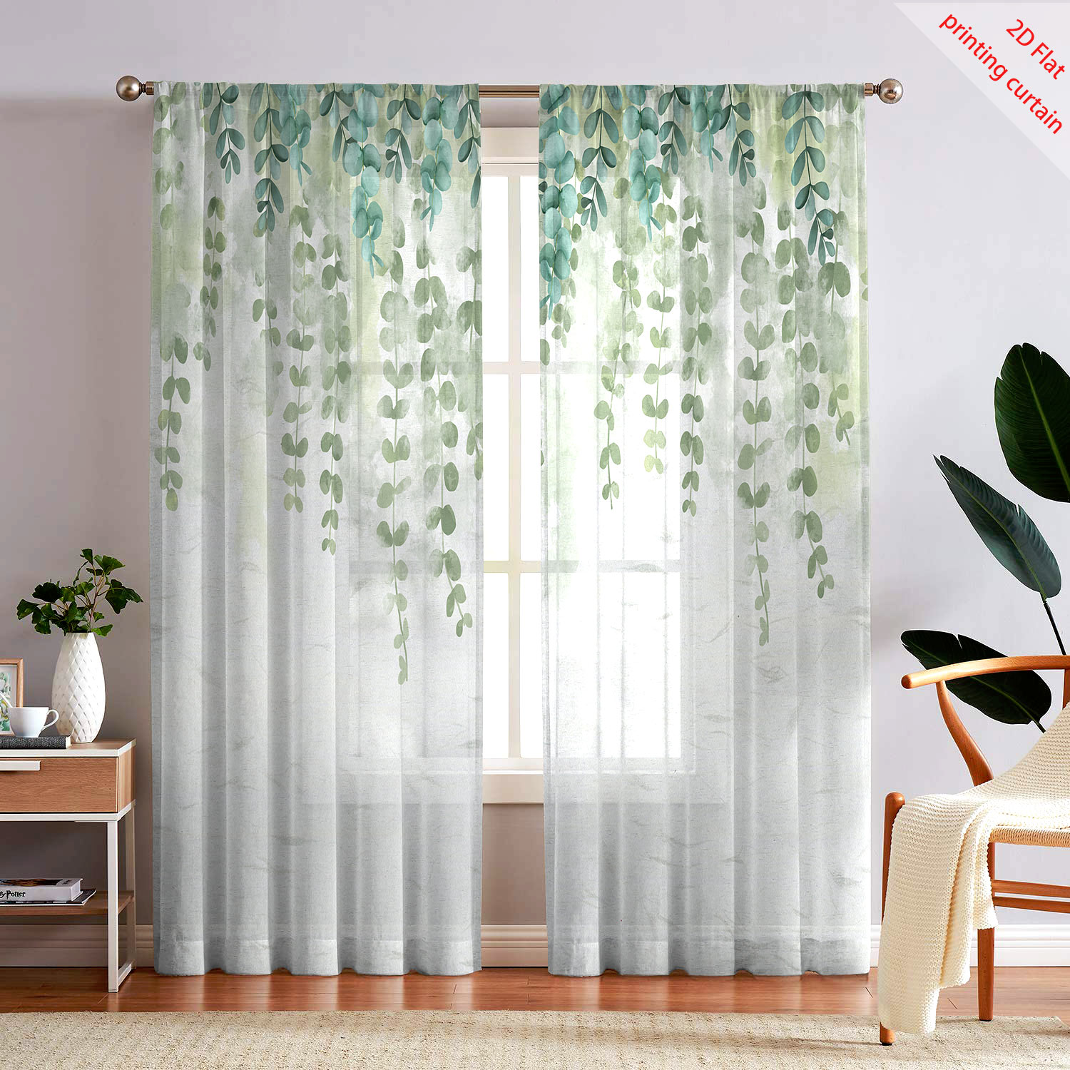 Home Office With Plants - Bedrukt transparant gaasgordijn met planten-, bloemen-