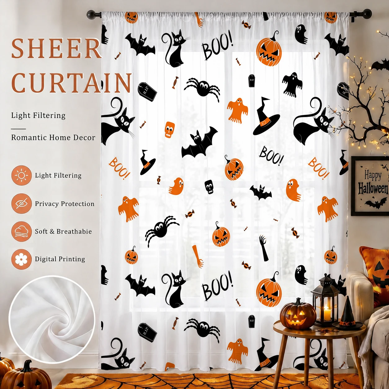 Home Office With Plants - Halloween Festival Sheer Curtain, goede kwaliteit
