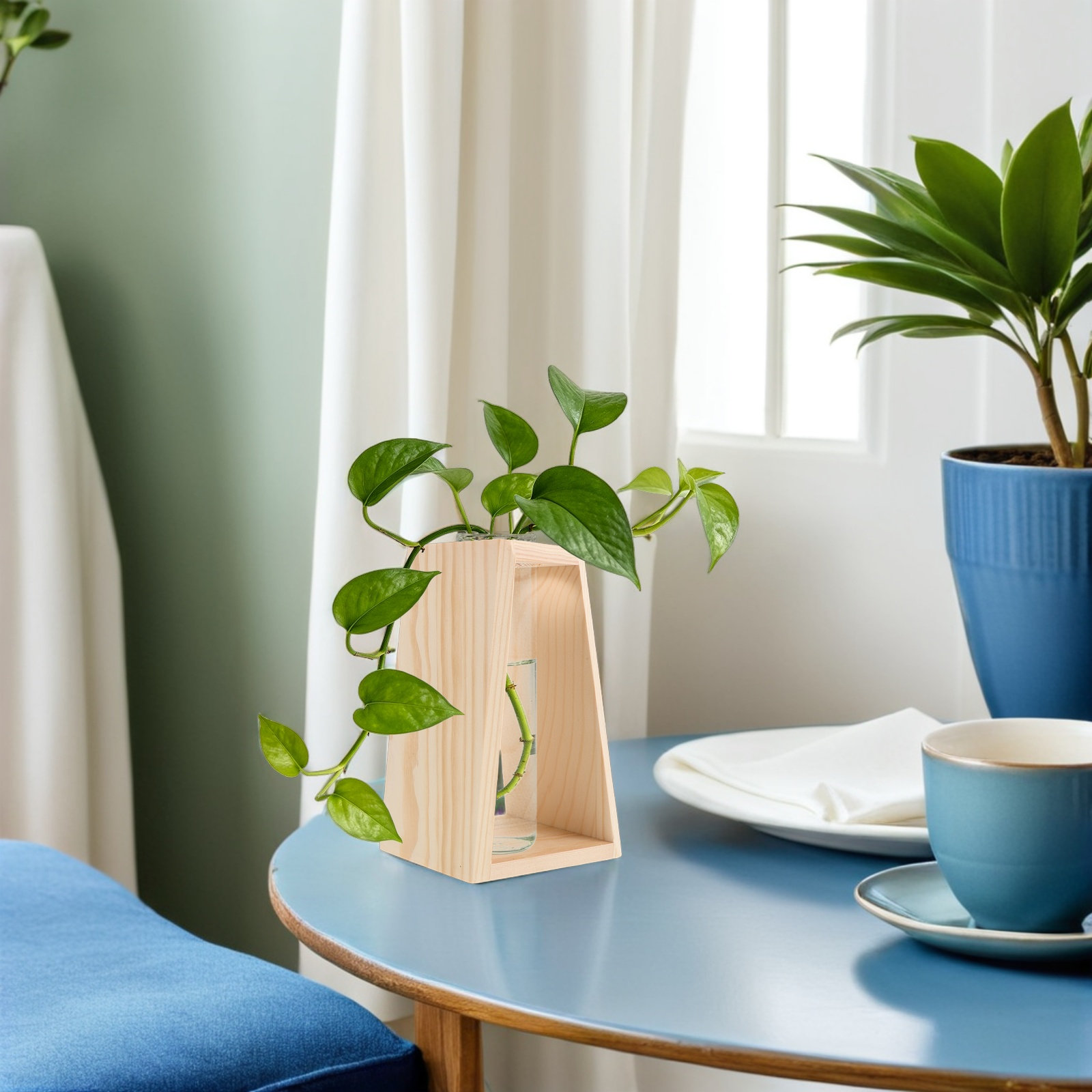 Home Office With Plants - Enkelvoudige glazen hydrocultuur plantenbak met houten