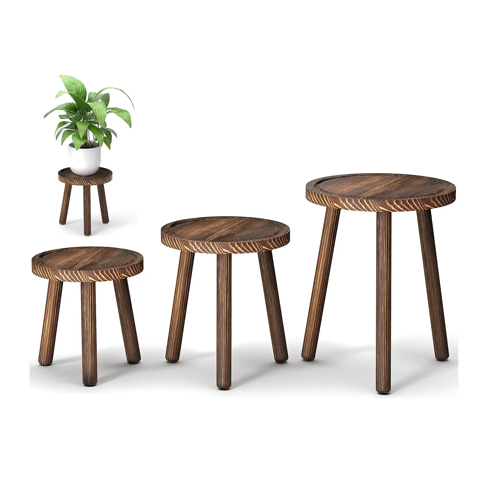 Home Office With Plants - 3-delige houten plantenstandaardset voor binnen, hoge