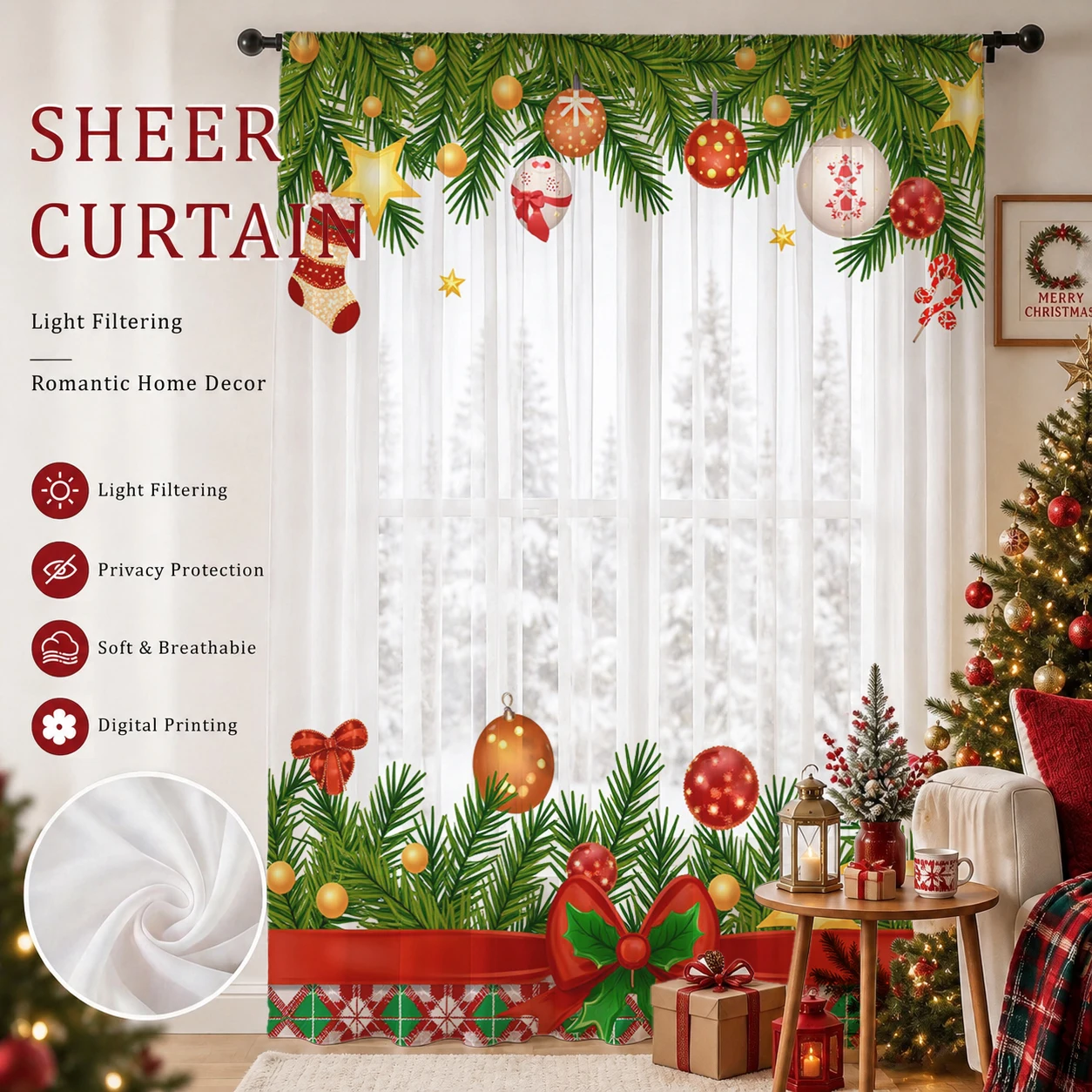 Home Office With Plants - Kerstdag Gradient Sheer Gordijn, Goede Kwaliteit