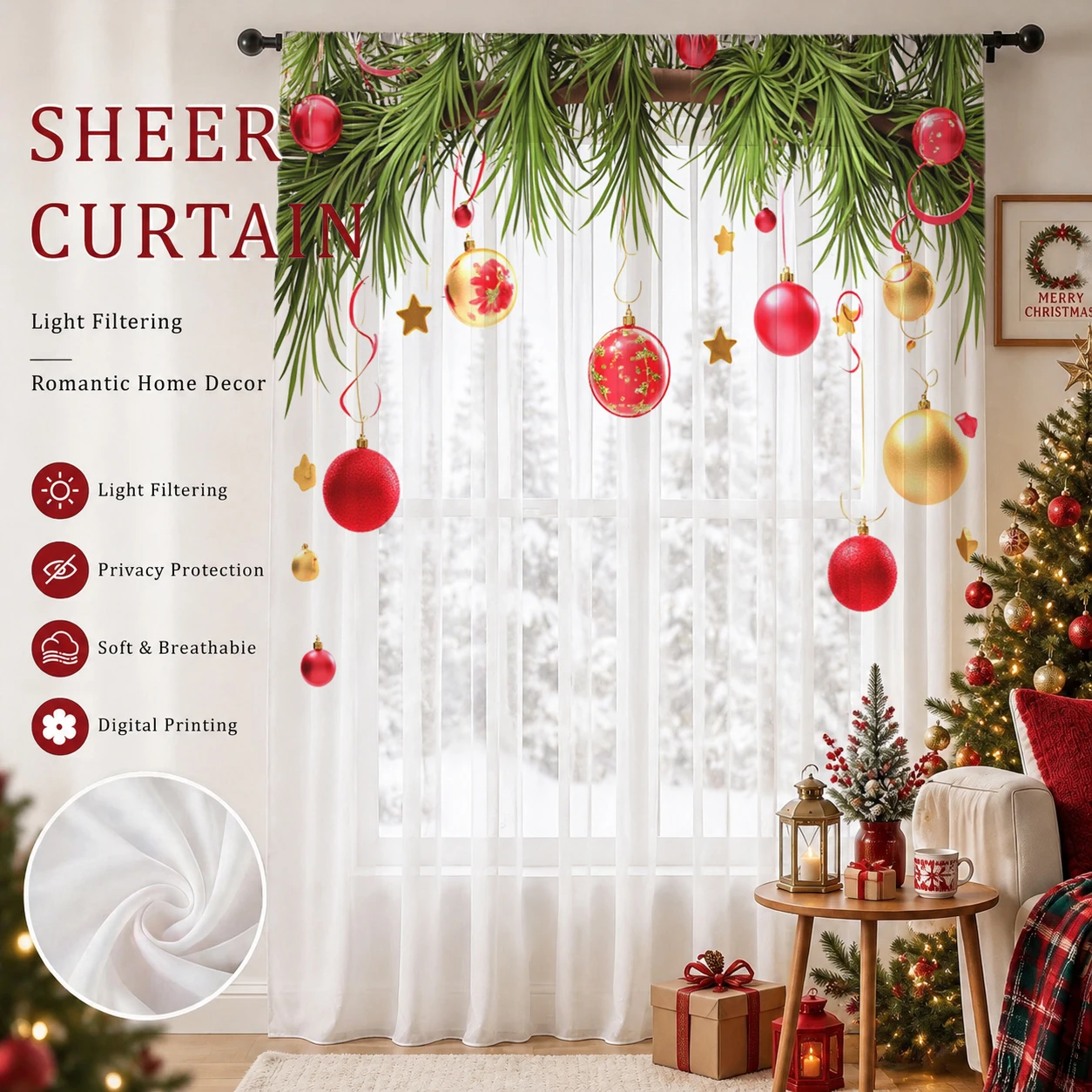 Home Office With Plants - Kerstgradiënt transparant gordijn, goede kwaliteit lichtreducerende