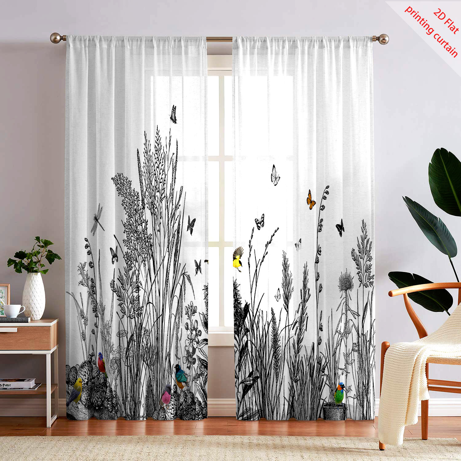 Home Office With Plants - Plantenbedrukt transparant schermgordijn voor thuis, decoratieve