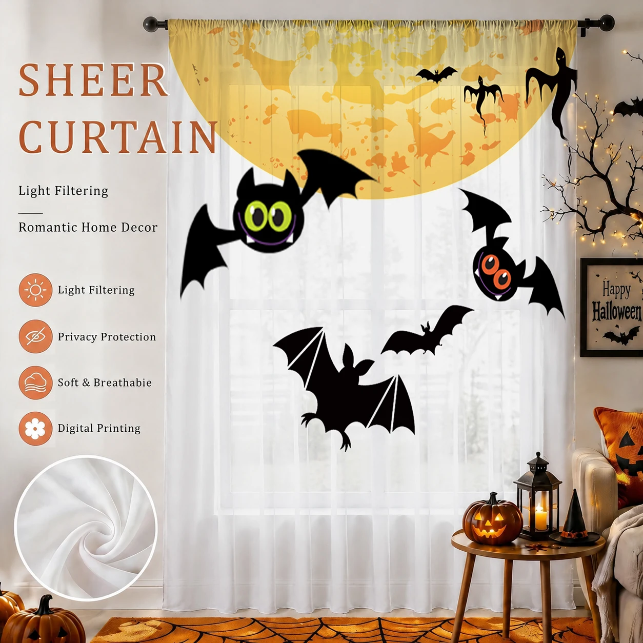 Home Office With Plants - Halloween Day Gradient Sheer Curtain, goede