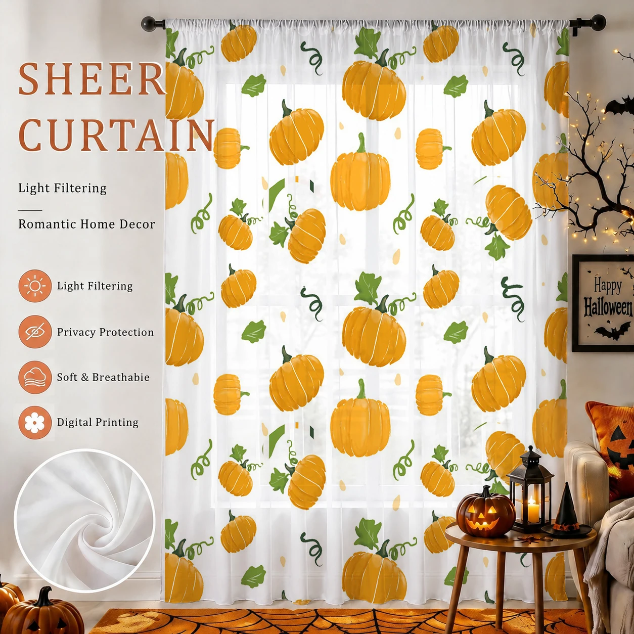 Home Office With Plants - Halloween transparante gordijnstang met zakken, Halloween